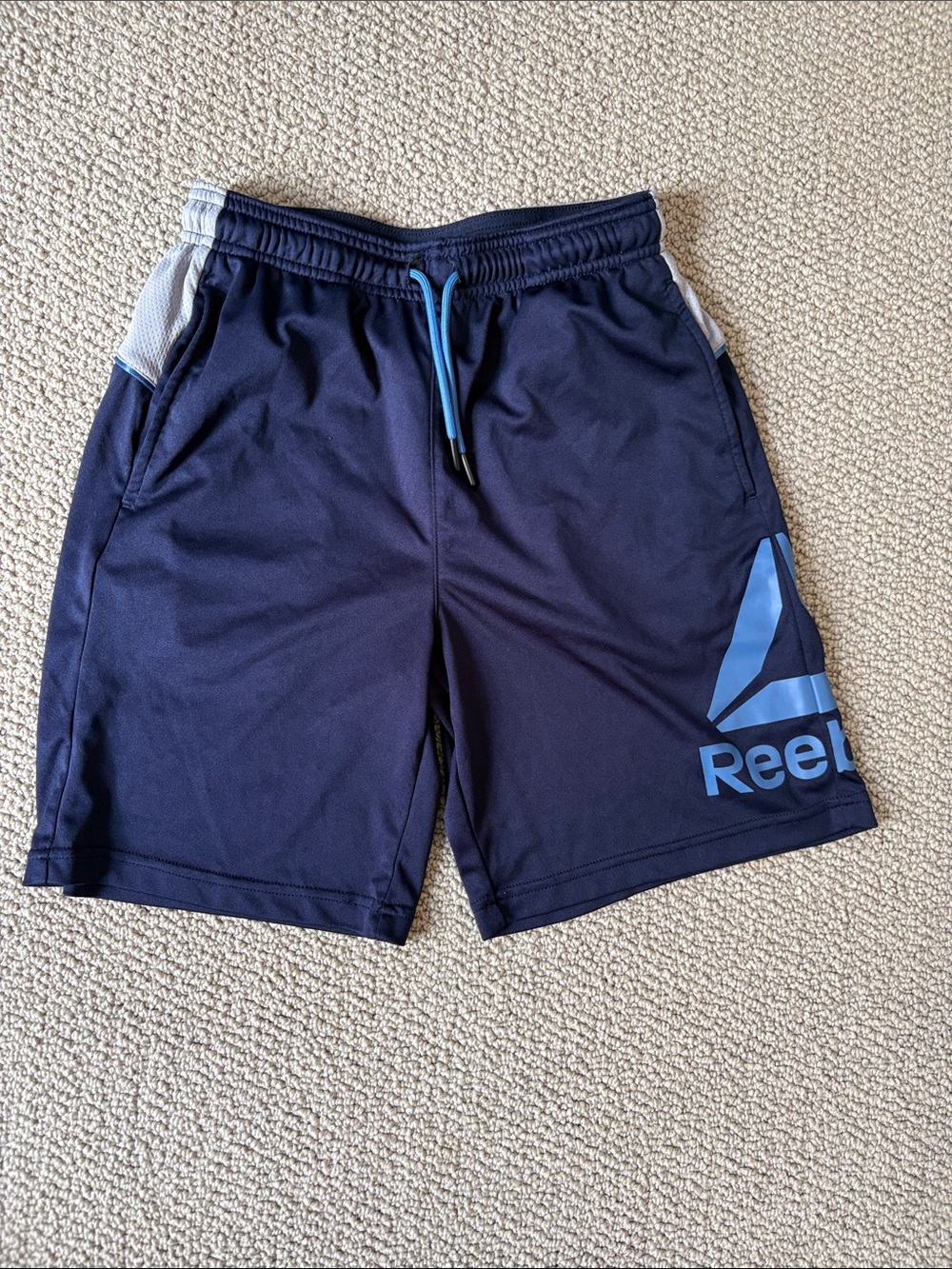Reebok Navy Athletic Shorts with Light Blue Logo and Drawstring